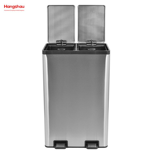 HANGSAHU 60 Liter / 16 Gallon Rectangular Hands-Free Dual Compartment Recycling Kitchen Step Trash Can with Soft-Close Lid, Brushed Stainless Steel