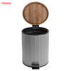 5L Household Stripe Pedal Waste Bin Bamboo Dust Bins Bathroom Trash Can Metal Morden Style Dustbin Garbage Can Bamboo Lid Powder Coating For Indoor Trash Can 