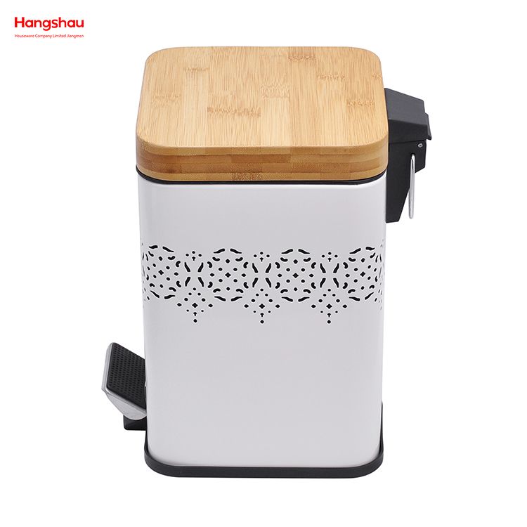 5L Bamboo Lid Square Household Pedal Waste Bin Bamboo Dust Bins For Indoor Trash Can Bathroom Trash Can Metal Morden Style Dustbin Garbage Can Powder Coating