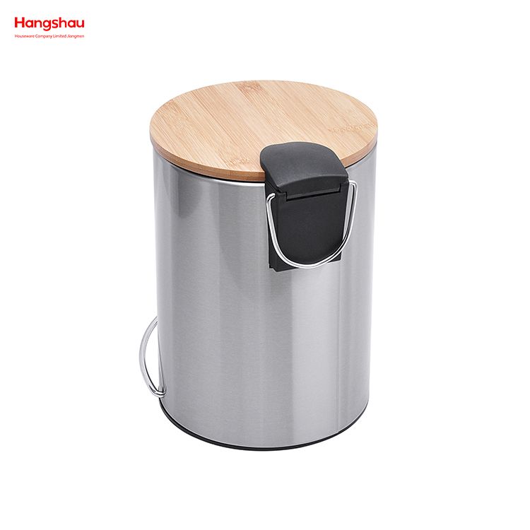 3L Stainless Steel Round Pedal Bin Dustbin Garbage Can Bamboo Lid Powder Coating For Indoor Trash Can Household Stripe Pedal Waste Bin Bamboo Dust Bins 