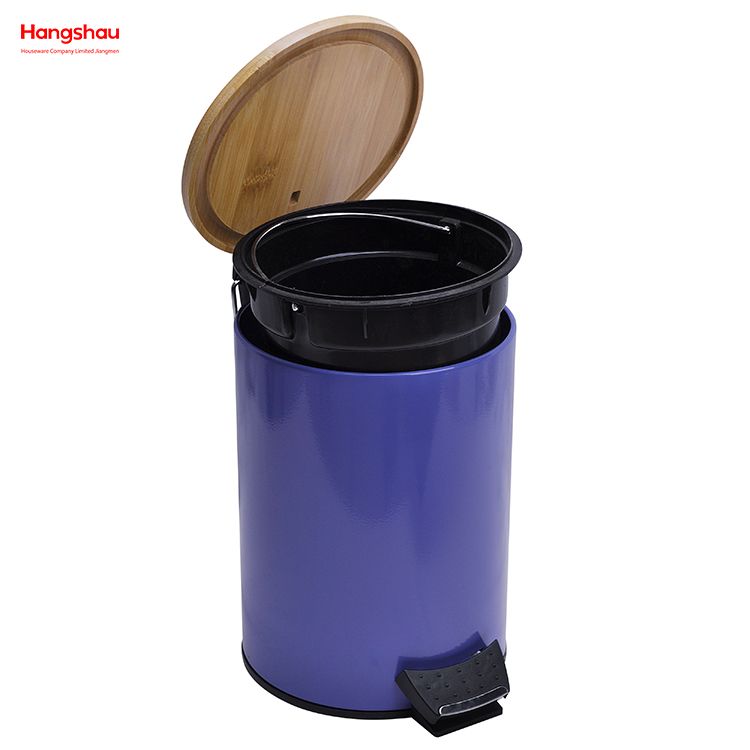 5L Bathroom Trash Can Metal Morden Style Dustbin Garbage Can Bamboo Lid Powder Coating Household Pedal Waste Bin Bamboo Dust Bins For Indoor Trash Can 