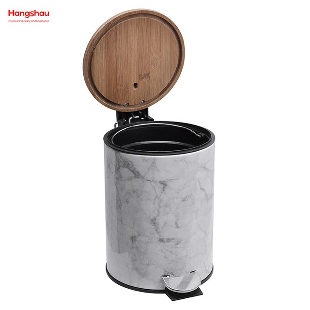 3L Metal Morden Style Dustbin Garbage Can Bamboo Lid Powder Coating For Indoor Trash Can Household Stripe Printing Pedal Waste Bin Bamboo DustBin Bathroom Trash Can 