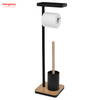 Bamboo-Base Metal Toilet Brush Holder with Tissue Holder And Tray Black Freestanding Design Accommodates Phone