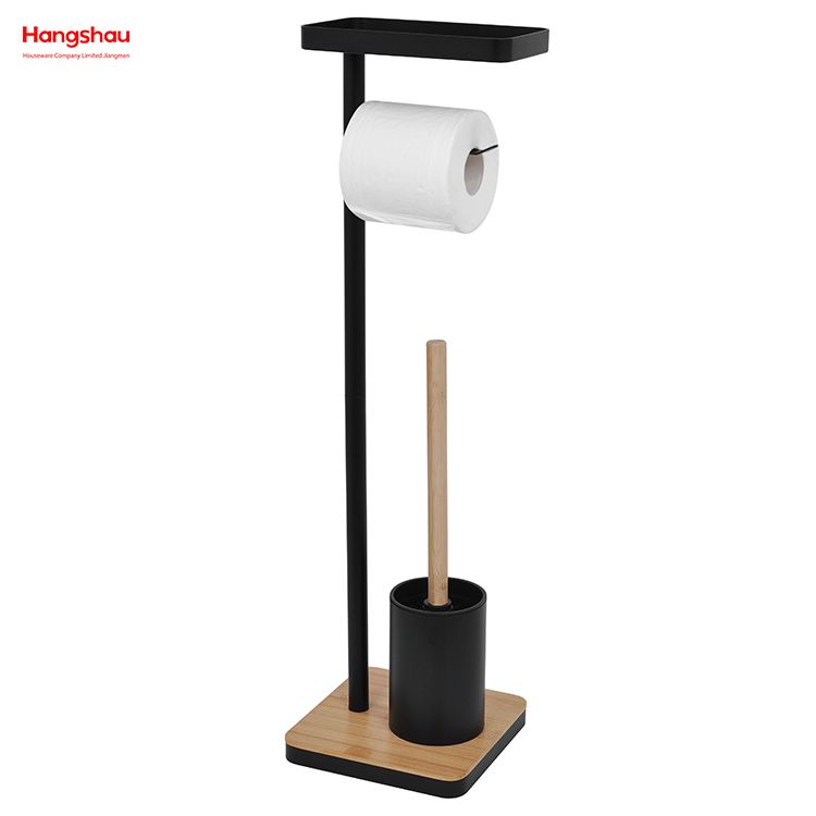 Bamboo-Base Metal Toilet Brush Holder with Tissue Holder And Tray Black Freestanding Design Accommodates Phone