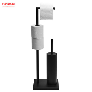 Black Powder Coated Standing Metal Toilet Brush Holder And Paper Holder With Towel Rack Bathroom Cleaning Accessory Featuring