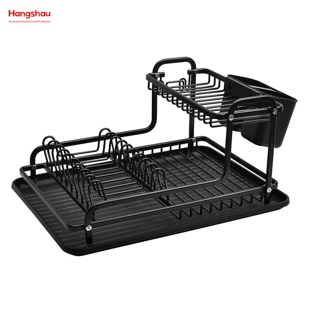 Metal Black Drying Dish Tray Rack Kitchen Double Deck Aluminum Stand Dish Rack Cup Holder Alloy Dish Rack over Sink Organizer 