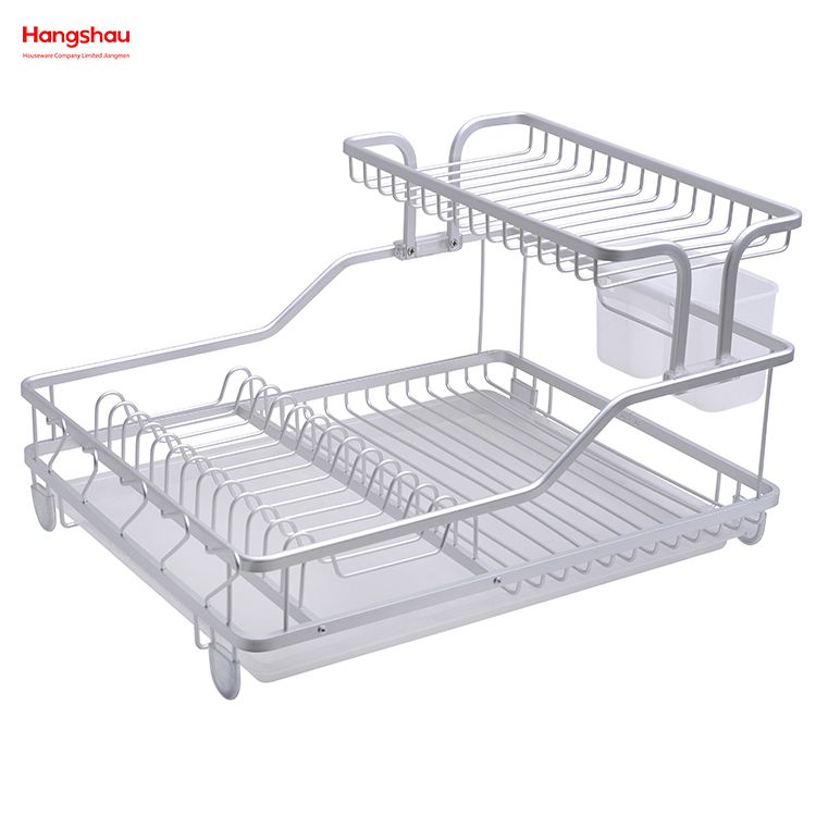 Double Deck Stand Dish Rack Kitchen Utensils Storage Aluminum Alloy Metal Drying Dish Tray Rack Organizer