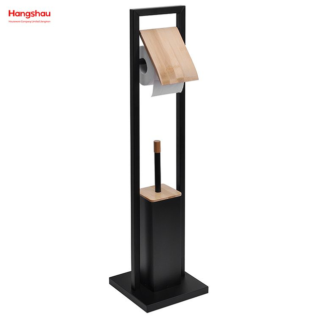 Lacquer Spraying Metal Free Standing Stainless Steel Toilet Brush And Paper Holder Powder Coated Standing Bamboo&Metal Toilet Brush Holder 