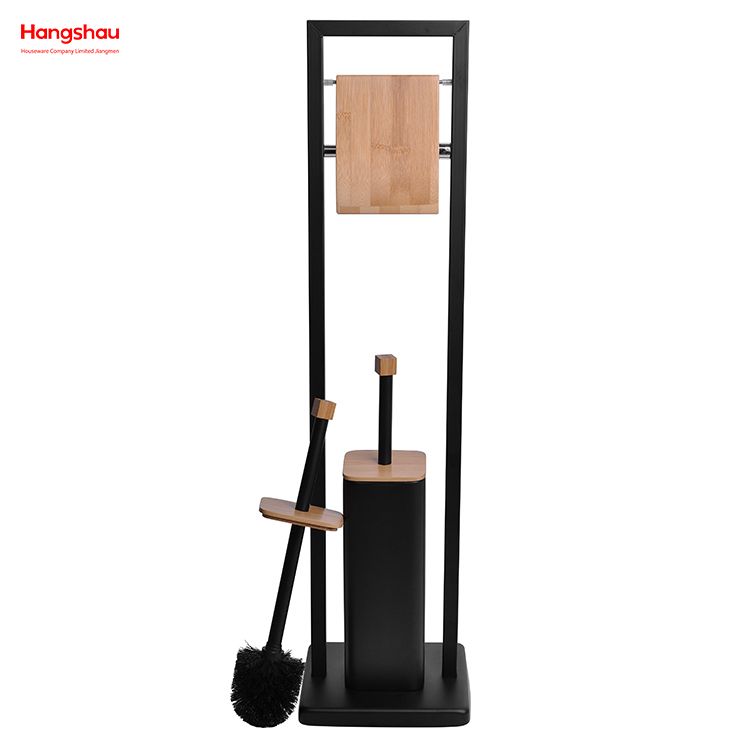 Black Powder Coated Standing Bamboo&Metal Toilet Brush Holder Lacquer Spraying Metal Free Standing Stainless Steel Toilet Brush And Paper Holder 