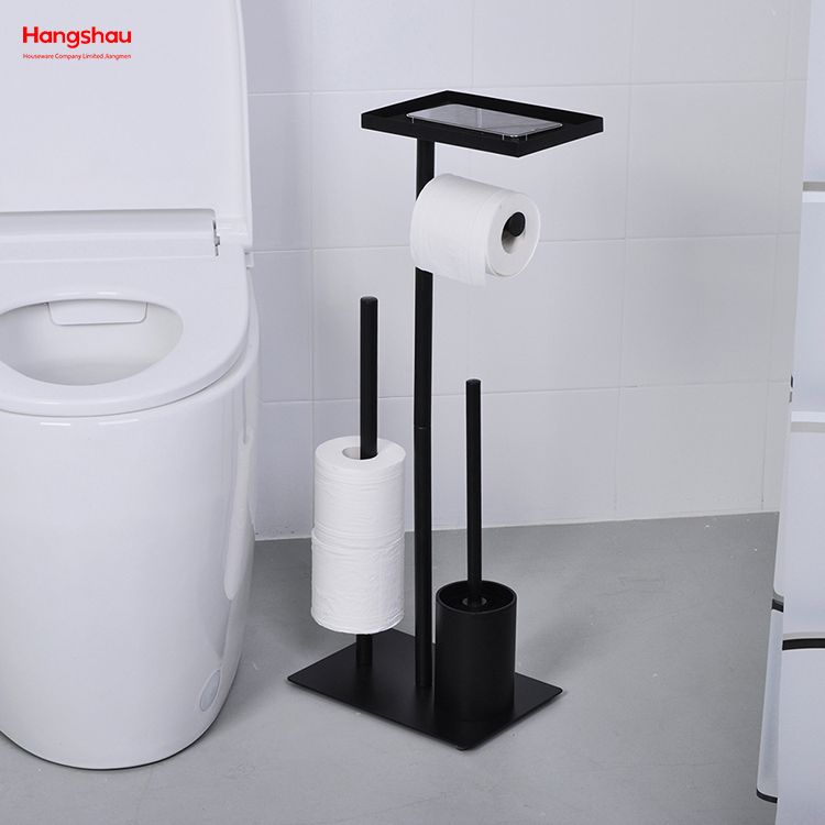 Black Standing Metal Toilet Brush Holder And Paper Holder Powder Coated With Towel Rack Bathroom Cleaning Can Hold Mobile Phone