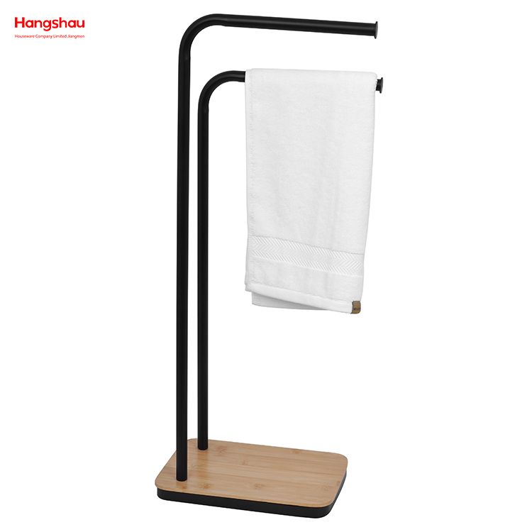 Iron Double-Bar Towel Rack Bathroom Towel Rack Floor-Standing Towel Rack Bamboo Base Towel Rack