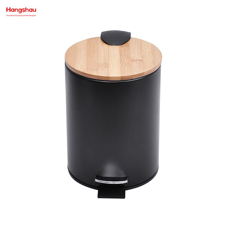 3L Bamboo Lid Powder Coating For Indoor Trash Can Household Stripe Pedal Waste Bin Bamboo Dust Bins Bathroom Trash Can Metal Morden Style Dustbin Garbage Can 