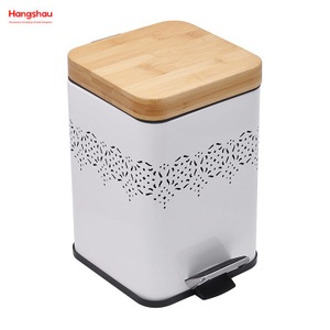 5L Bamboo Lid Square Household Pedal Waste Bin Bamboo Dust Bins For Indoor Trash Can Bathroom Trash Can Metal Morden Style Dustbin Garbage Can Powder Coating