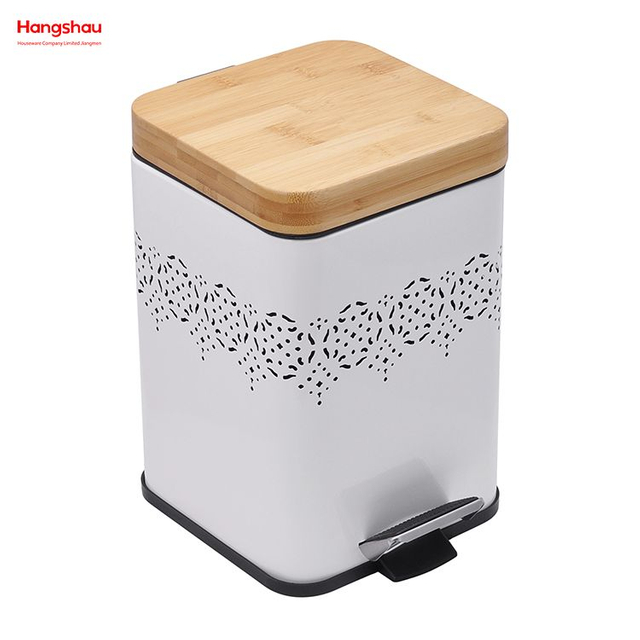 5L Bamboo Lid Square Household Pedal Waste Bin Bamboo Dust Bins For Indoor Trash Can Bathroom Trash Can Metal Morden Style Dustbin Garbage Can Powder Coating