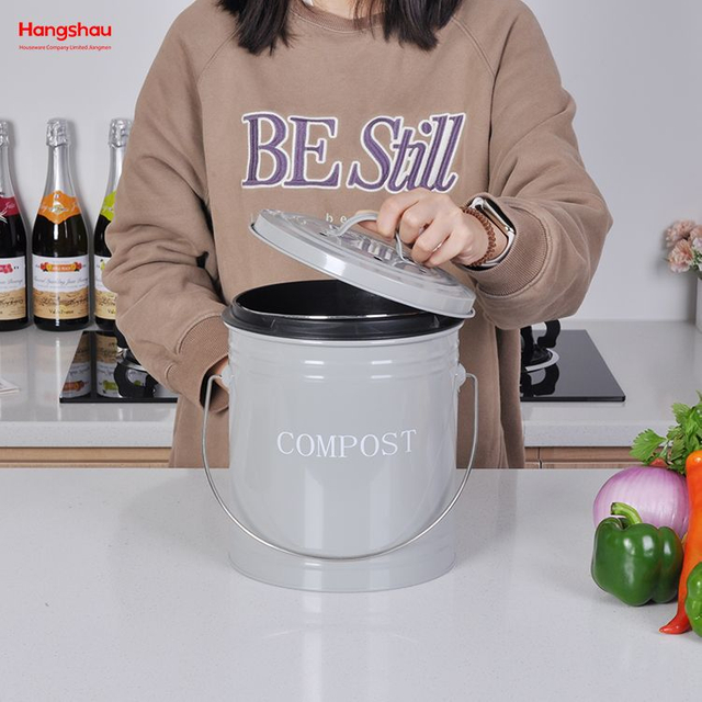 Household Kitchen Round Food Compostable Compost Bin Waste Bin with Handle Open Top Trash Bin Lid Detached From Compost Bin