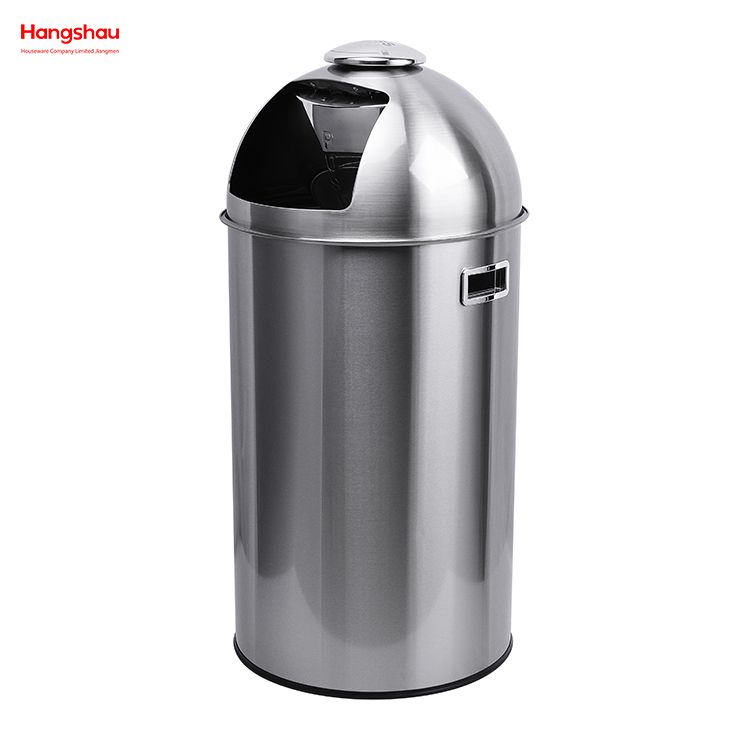 50L Outdoor Lockable Stainless Steel Round Dome-top Push Bin(with Inner Bucket) Cafeteria Trash Can with Push Hole Commercial Trash Can Community Street Roadside