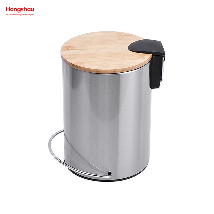 3L Stainless Steel Round Pedal Bin Dustbin Garbage Can Bamboo Lid Powder Coating For Indoor Trash Can Household Stripe Pedal Waste Bin Bamboo Dust Bins 