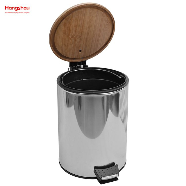 5L Bamboo Polish Kitchen Waste Bins Bathroom Household Stainless Steel Trash Can Bamboo Mirror Reflection Polishing Round Pedal Bin 