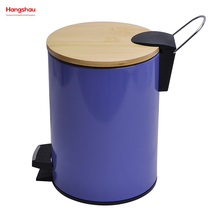 5L Bathroom Trash Can Metal Morden Style Dustbin Garbage Can Bamboo Lid Powder Coating Household Pedal Waste Bin Bamboo Dust Bins For Indoor Trash Can 
