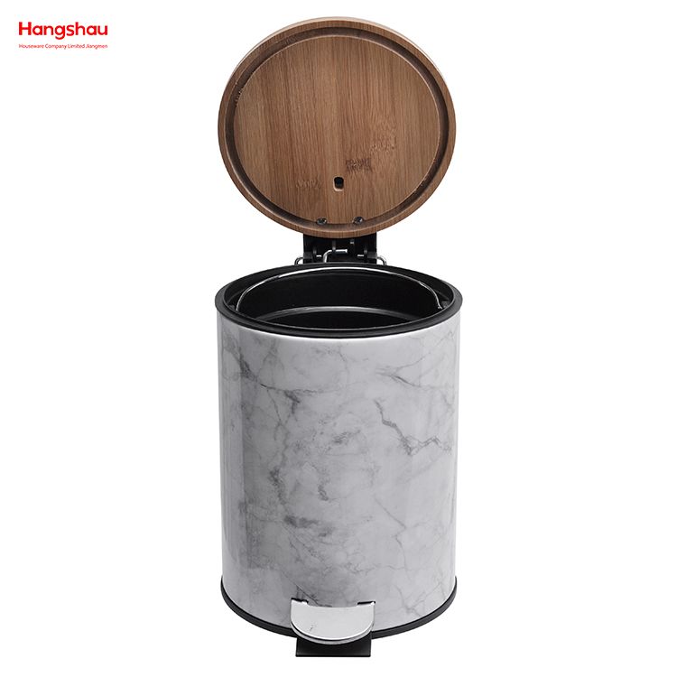 3L Metal Morden Style Dustbin Garbage Can Bamboo Lid Powder Coating For Indoor Trash Can Household Stripe Printing Pedal Waste Bin Bamboo DustBin Bathroom Trash Can 