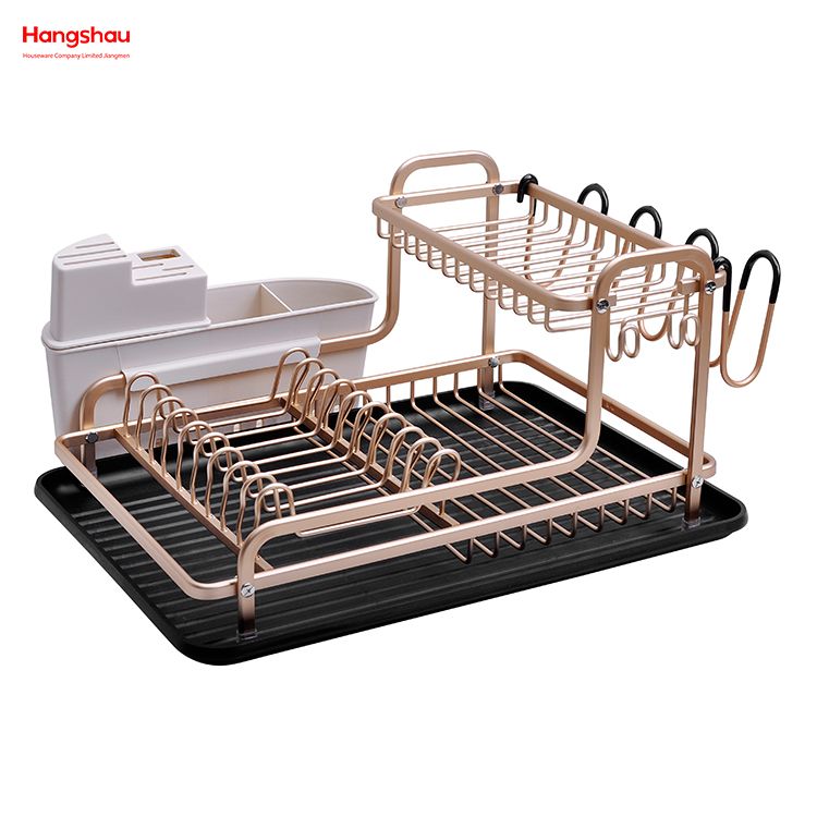 Kitchen Utensils Storage Aluminum Alloy Dish Rack over Sink Organizer Double Deck Metal Drying Dish Tray Rack Stand Dish Rack Cup Holder 