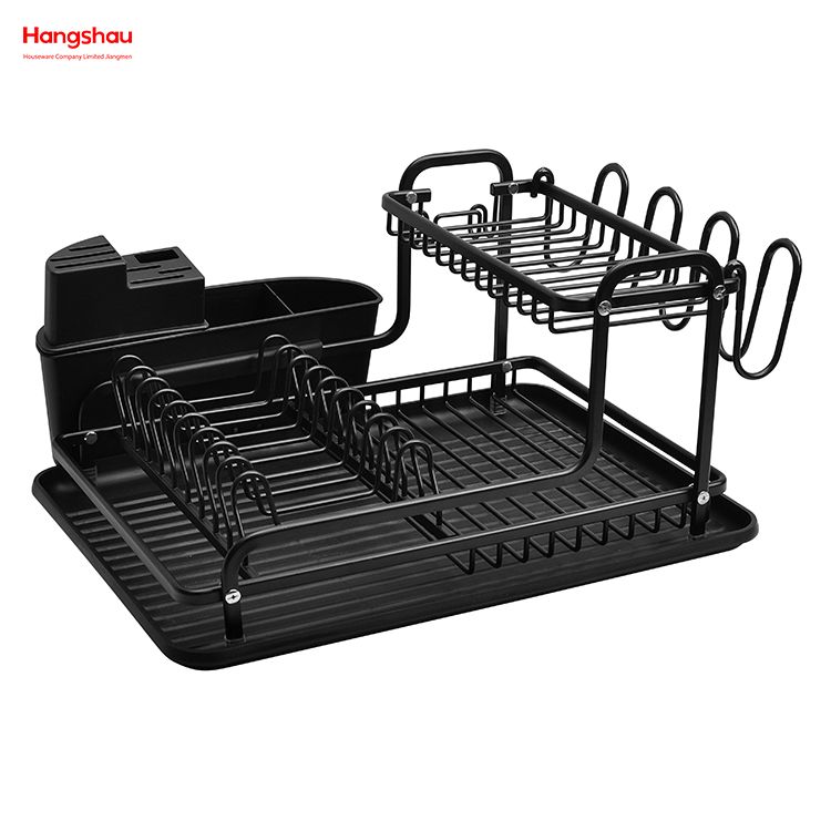 Metal Black Drying Dish Tray Rack Kitchen Double Deck Aluminum Stand Dish Rack Cup Holder Alloy Dish Rack over Sink Organizer 