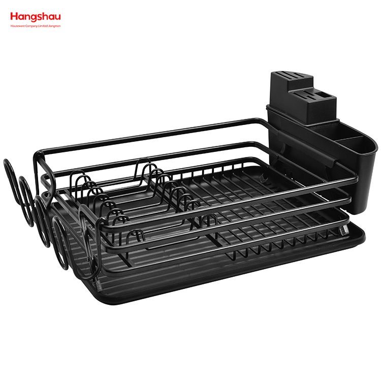 Black Powder Coated Aluminum Alloy Dish Rack over Sink Organizer Metal Drying Plastic Dish Tray Rack Kitchen Stand Dish Rack Countertop Dish Rack Cup Holder 