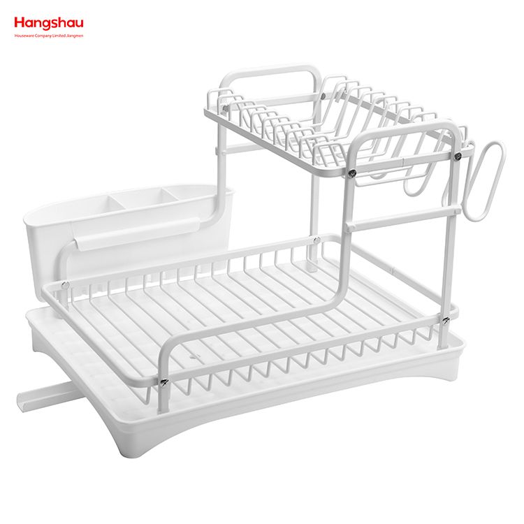 White Kitchen Utensils Storage Aluminum Alloy Metal Drying Dish Tray Rack Organizer Double Deck Stand Dish Rack 