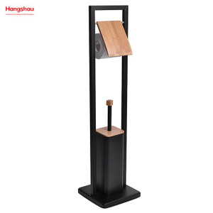 Black Powder Coated Standing Bamboo&Metal Toilet Brush Holder Lacquer Spraying Metal Free Standing Stainless Steel Toilet Brush And Paper Holder 