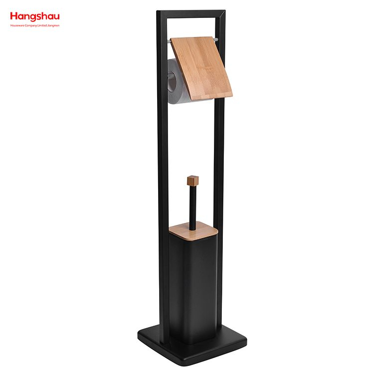 Black Powder Coated Standing Bamboo&Metal Toilet Brush Holder Lacquer Spraying Metal Free Standing Stainless Steel Toilet Brush And Paper Holder 