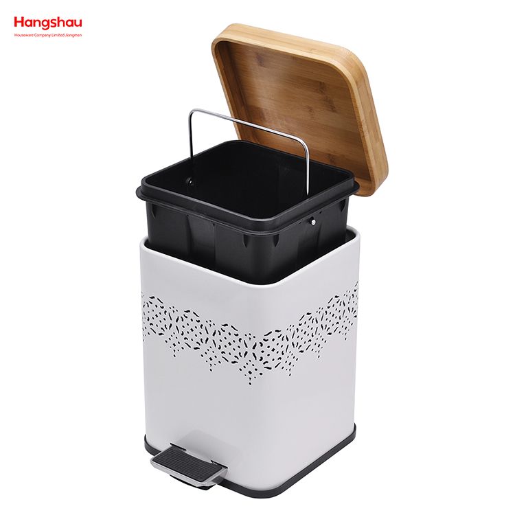 5L Bamboo Lid Square Household Pedal Waste Bin Bamboo Dust Bins For Indoor Trash Can Bathroom Trash Can Metal Morden Style Dustbin Garbage Can Powder Coating