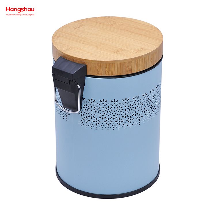 5L Powder Coating Household Pedal Waste Bin Bamboo Dust Bins For Indoor Trash Can Bathroom Trash Can Metal Morden Style Dustbin Garbage Can Bamboo Lid