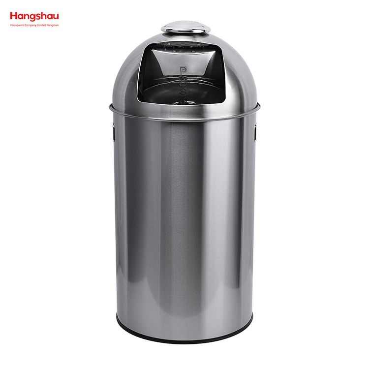 50L Outdoor Lockable Stainless Steel Round Dome-top Push Bin(with Inner Bucket) Cafeteria Trash Can with Push Hole Commercial Trash Can Community Street Roadside