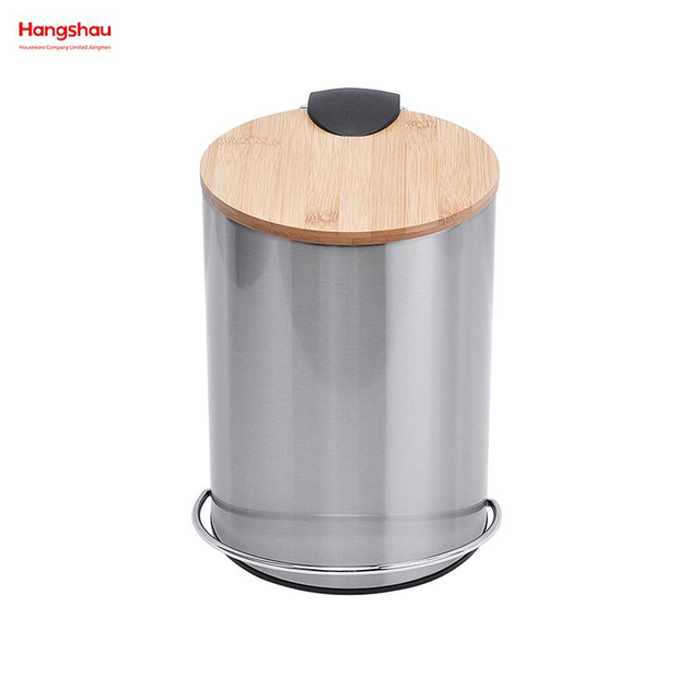 3L Stainless Steel Round Pedal Bin Dustbin Garbage Can Bamboo Lid Powder Coating For Indoor Trash Can Household Stripe Pedal Waste Bin Bamboo Dust Bins 