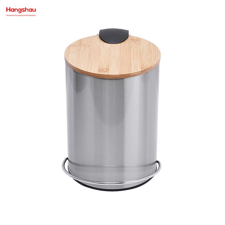 3L Stainless Steel Round Pedal Bin Dustbin Garbage Can Bamboo Lid Powder Coating For Indoor Trash Can Household Stripe Pedal Waste Bin Bamboo Dust Bins 