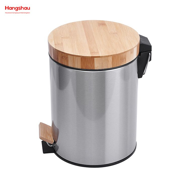5L Pedal Bin with Bamboo Lid Dustbin Garbage Can Bamboo Lid Powder Coating For Indoor Trash Can Household Stripe Pedal Waste Bin Bamboo Dust Bins 
