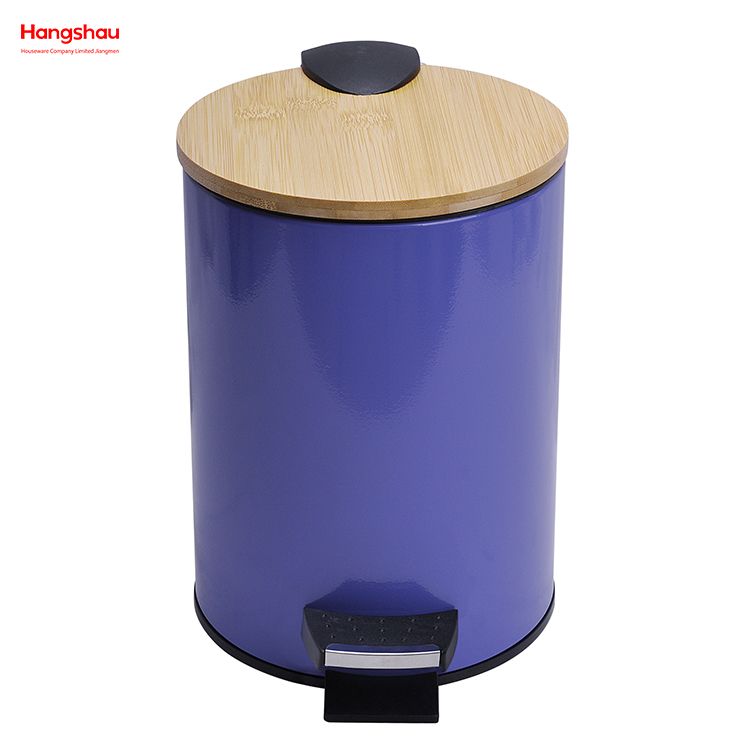 5L Bathroom Trash Can Metal Morden Style Dustbin Garbage Can Bamboo Lid Powder Coating Household Pedal Waste Bin Bamboo Dust Bins For Indoor Trash Can 