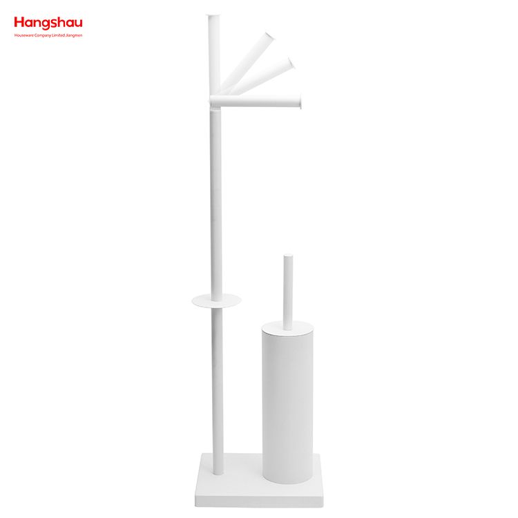 White Powder Coated Standing Metal Toilet Brush Holder And Paper Holder With Towel Rack Bathroom Cleaning Accessory Featuring