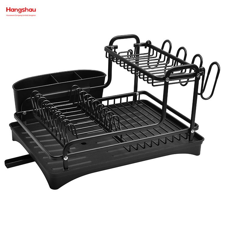 Black Kitchen Utensils Storage Aluminum Alloy Dish Rack over Sink Organizer Stand Dish Rack Cup Holder Double Deck Metal Drying Dish Tray Rack 