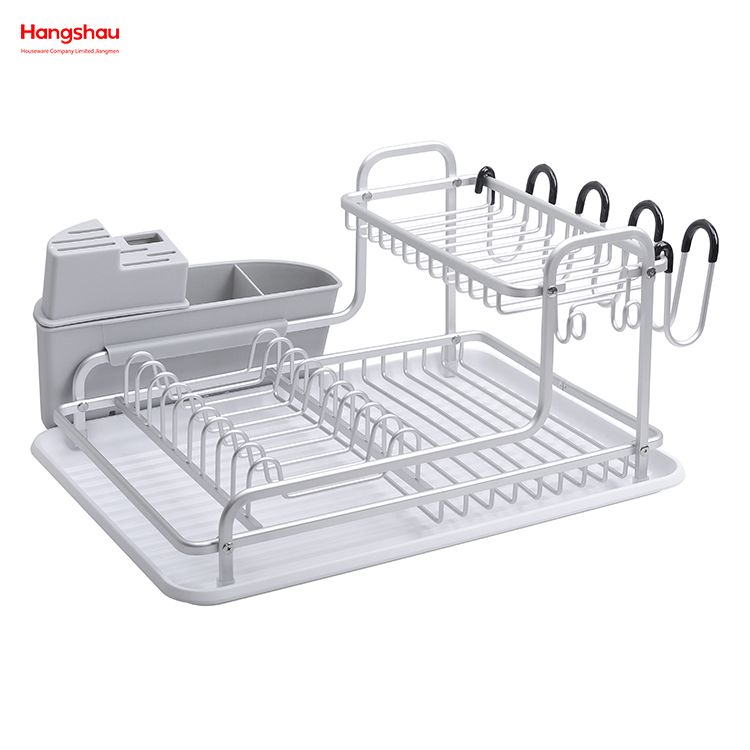 Kitchen Double Deck Aluminum Stand Dish Rack Cup Holder Alloy Dish Rack over Sink Organizer Metal Drying Dish Tray Rack
