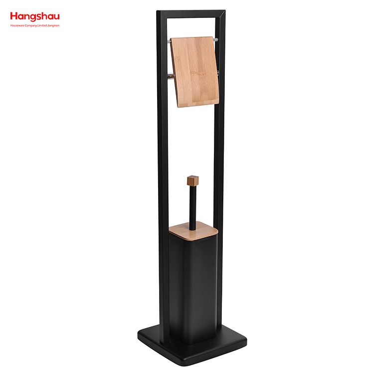 Black Powder Coated Standing Bamboo&Metal Toilet Brush Holder Lacquer Spraying Metal Free Standing Stainless Steel Toilet Brush And Paper Holder 