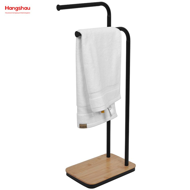 Iron Double-Bar Towel Rack Bathroom Towel Rack Floor-Standing Towel Rack Bamboo Base Towel Rack