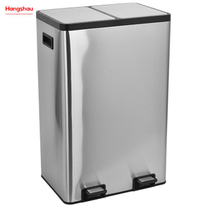HANGSAHU 60 Liter / 16 Gallon Rectangular Hands-Free Dual Compartment Recycling Kitchen Step Trash Can with Soft-Close Lid, Brushed Stainless Steel