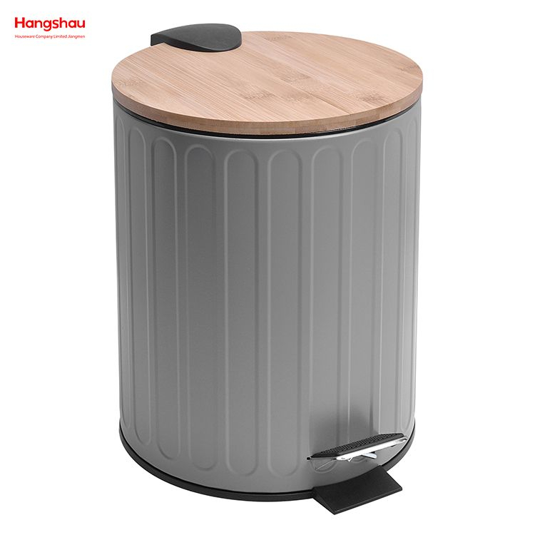 5L Household Stripe Pedal Waste Bin Bamboo Dust Bins Bathroom Trash Can Metal Morden Style Dustbin Garbage Can Bamboo Lid Powder Coating For Indoor Trash Can 