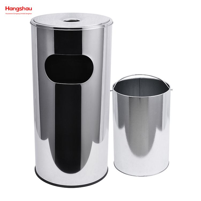 30L Polish Smoking Area Trash Can Round Ashtray Dustbin Metal With An Ashtray In The Hotel Lobby Trash Can Stainless Steel Ashtrays in Public Places Waste Bins Mirror Finishing 