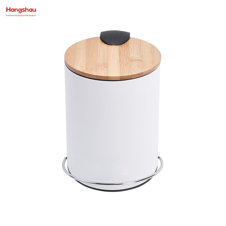 3L Bathroom Trash Can Metal Morden Style Dustbin Garbage Can Bamboo Lid Powder Coating For Indoor Trash Can Household Stripe Pedal Waste Bin Bamboo Dust Bins 