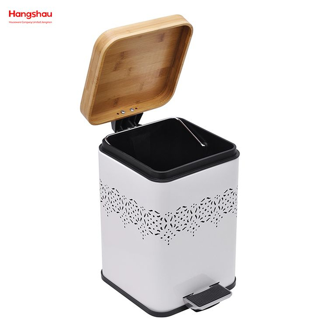 5L Bamboo Lid Square Household Pedal Waste Bin Bamboo Dust Bins For Indoor Trash Can Bathroom Trash Can Metal Morden Style Dustbin Garbage Can Powder Coating