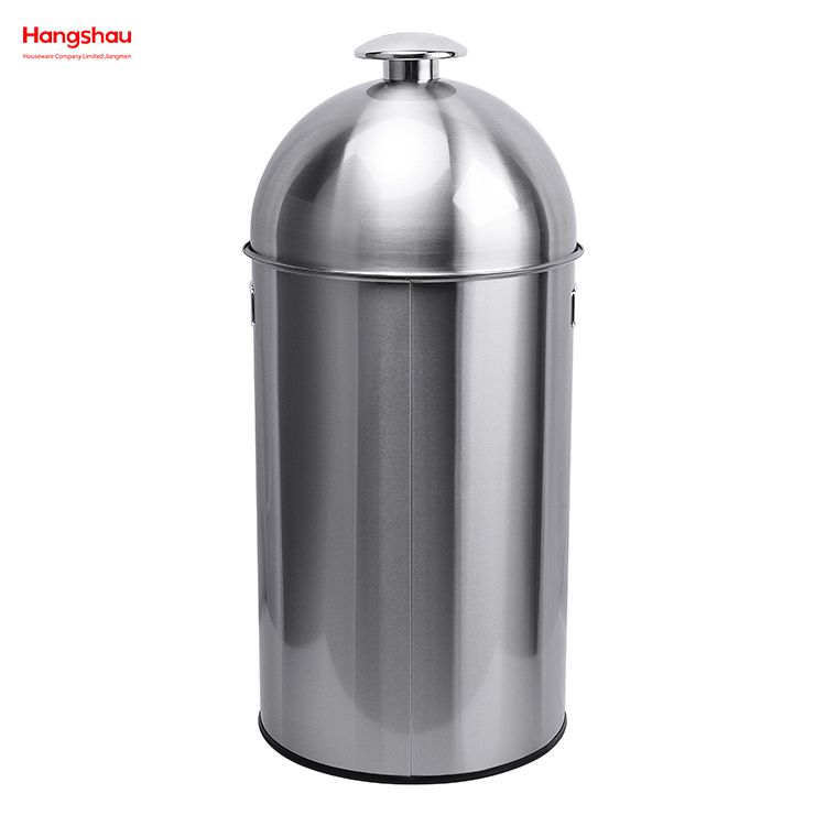 50L Outdoor Lockable Stainless Steel Round Dome-top Push Bin(with Inner Bucket) Cafeteria Trash Can with Push Hole Commercial Trash Can Community Street Roadside