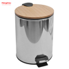 5L Bamboo Polish Kitchen Waste Bins Bathroom Household Stainless Steel Trash Can Bamboo Mirror Reflection Polishing Round Pedal Bin 