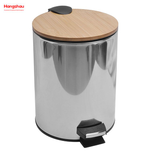 5L Bamboo Polish Kitchen Waste Bins Bathroom Household Stainless Steel Trash Can Bamboo Mirror Reflection Polishing Round Pedal Bin 
